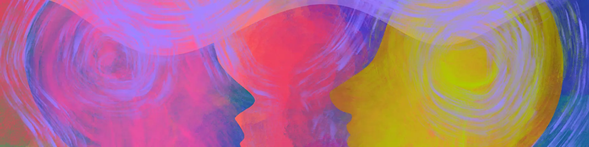 Abstract painting, two heads in profile, colourful