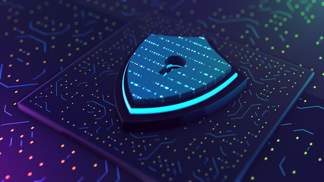 cyber security hologram with digital shield 3D rendering