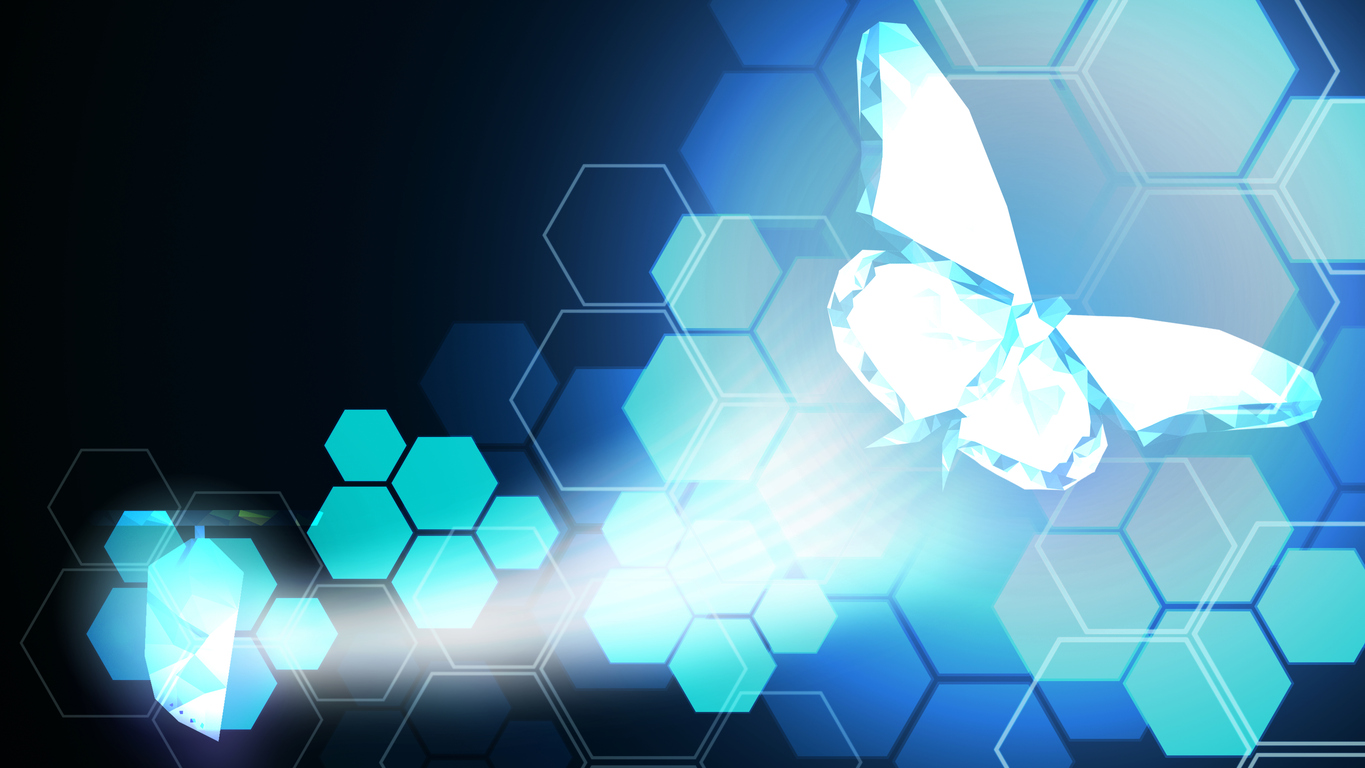 digital graphic, blue hexagons, white crystalline butterfly taking flight