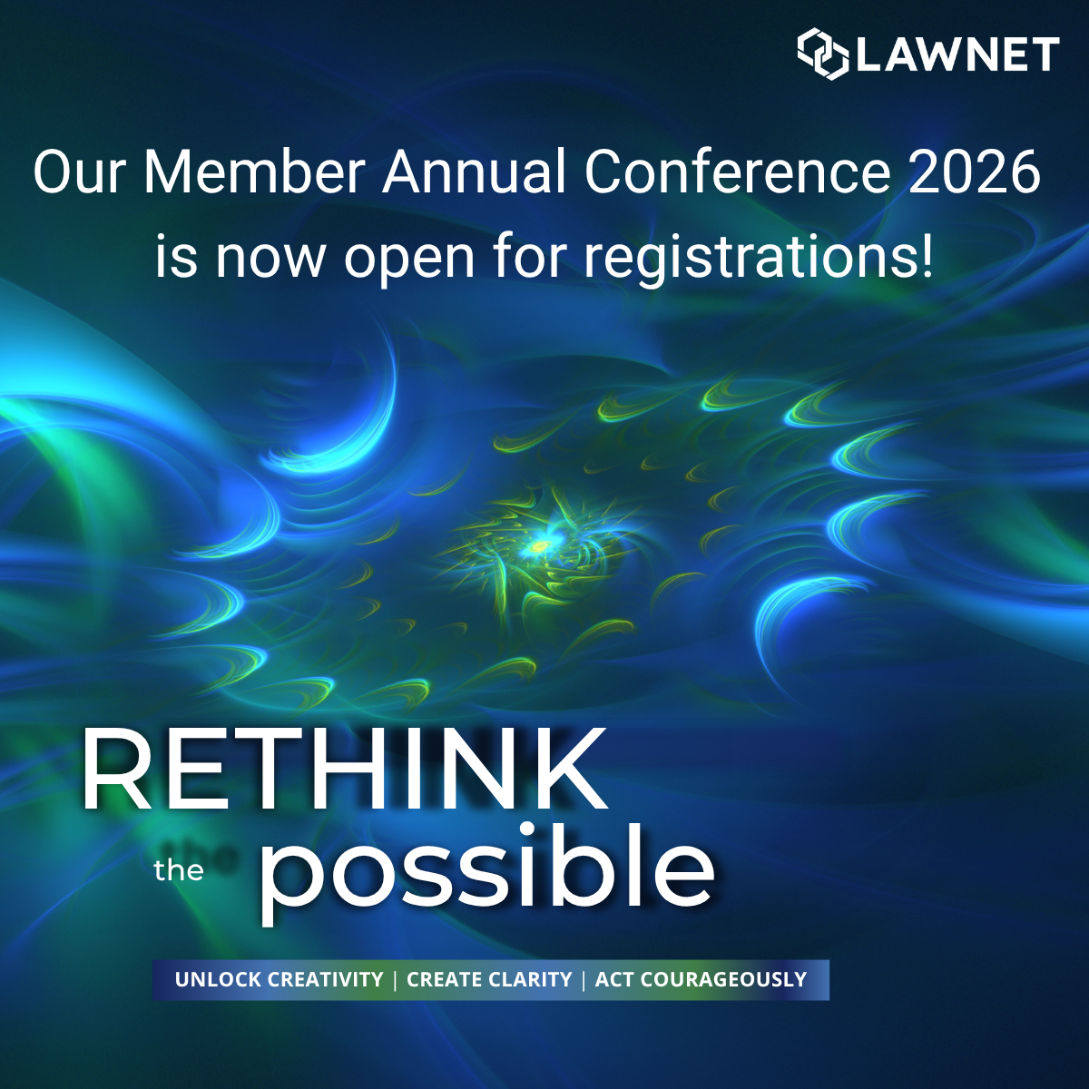 Blue and green toned graphic, title 'Rethink the Possible - Unlock Creativity - Create Clarity - Act Courageously'