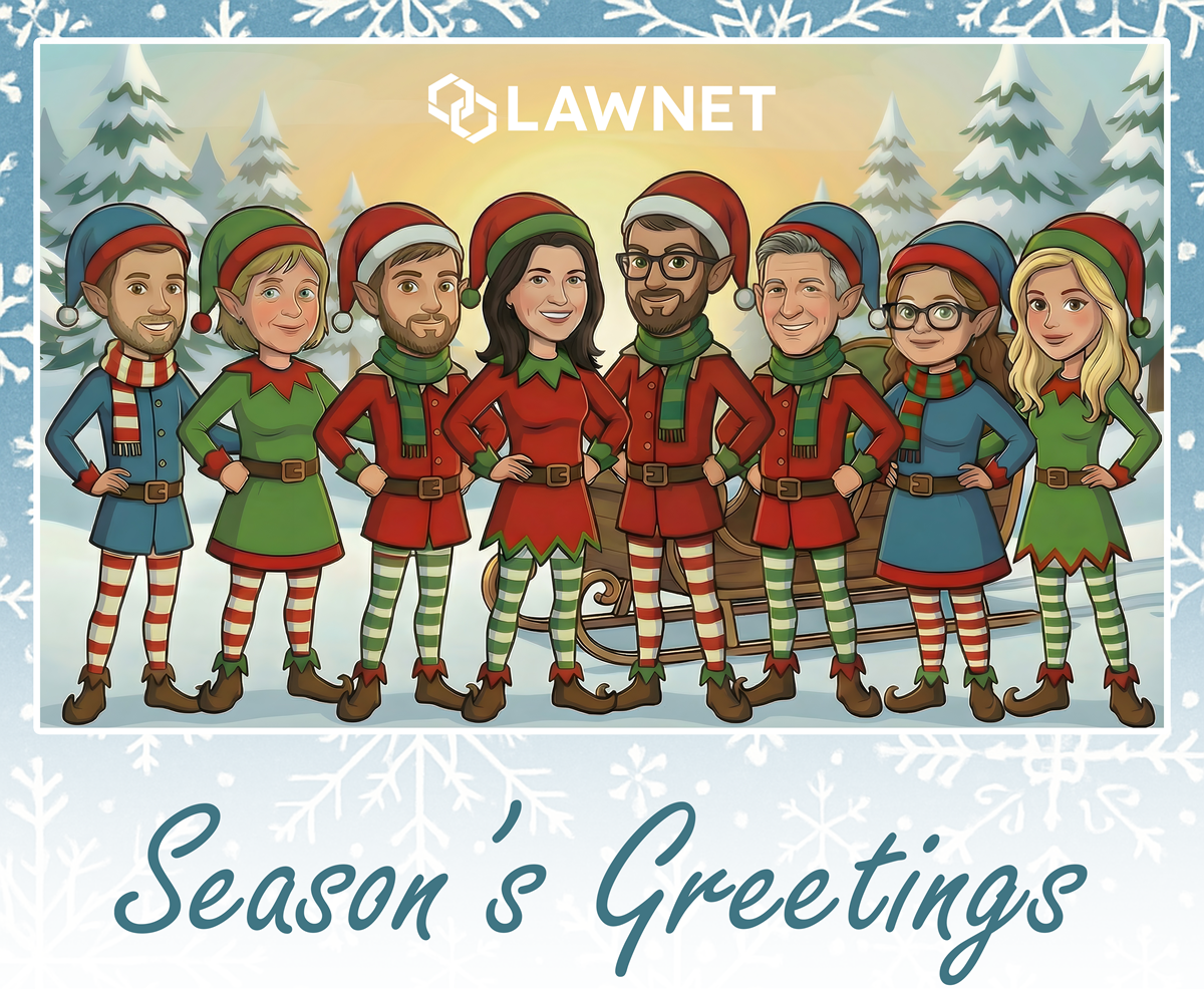 cartoon versions of the LawNet team dressed as elves