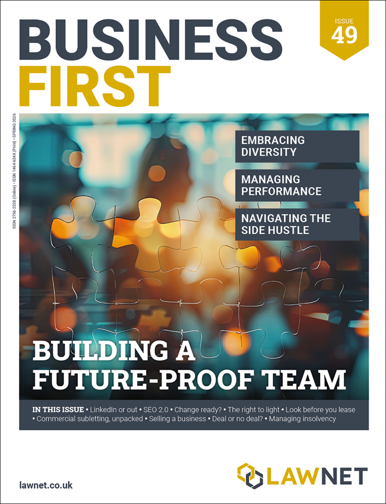 Business First cover, issue 49, puzzle piece outlines over silhouetted figures, 'Building a Future Proof Team'