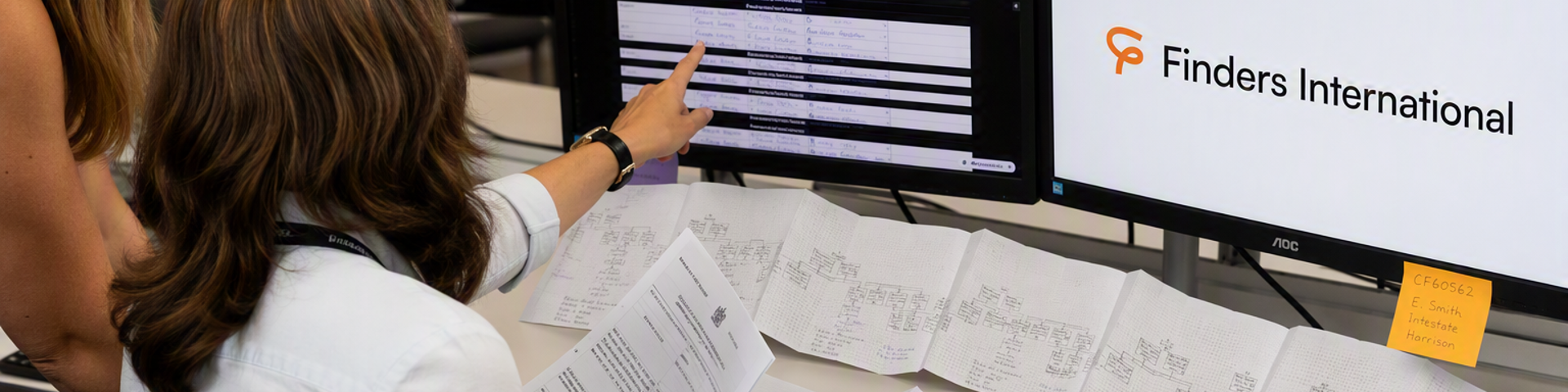 two people work with computers and old documents